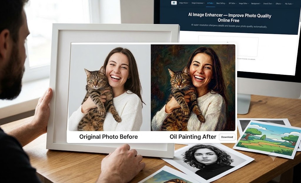 AI Image Enhancer before and after — original photo of woman with cat enhanced with sharper detail and richer color depth