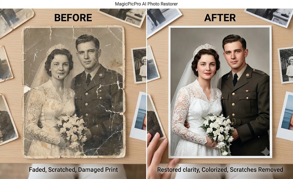 AI Photo Restorer before and after — severely scratched and faded 1940s wedding portrait fully restored with colorization and damage removed