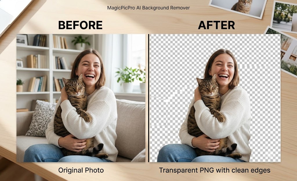 Background Removal before and after — woman with cat on sofa with background fully removed leaving a clean transparent PNG cutout