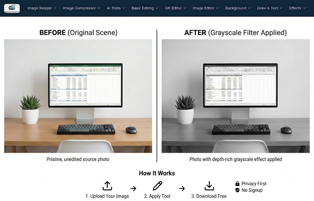 Black and White filter before and after — colorful home office photo converted to a depth-rich grayscale with strong contrast in shadows and highlights
