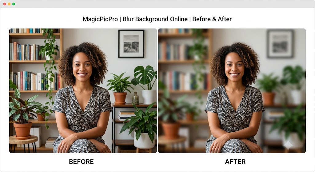 Blur Background before and after — woman sitting in front of bookshelf with busy background softly blurred to create a portrait bokeh effect