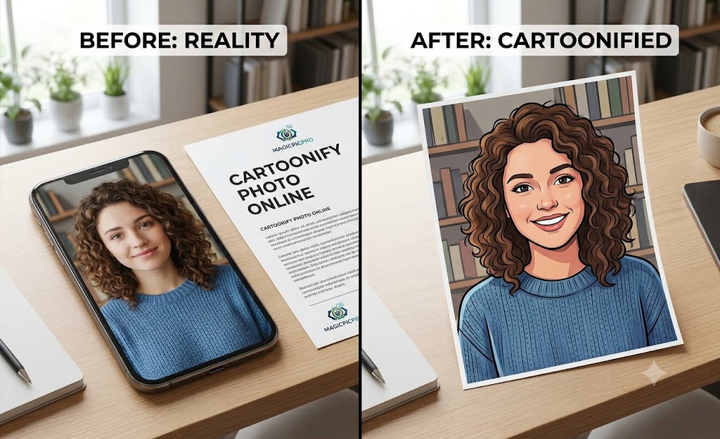 Cartoonify Photo before and after — real photo of smiling woman transformed into a bold cartoon illustration with outlines and flat colors