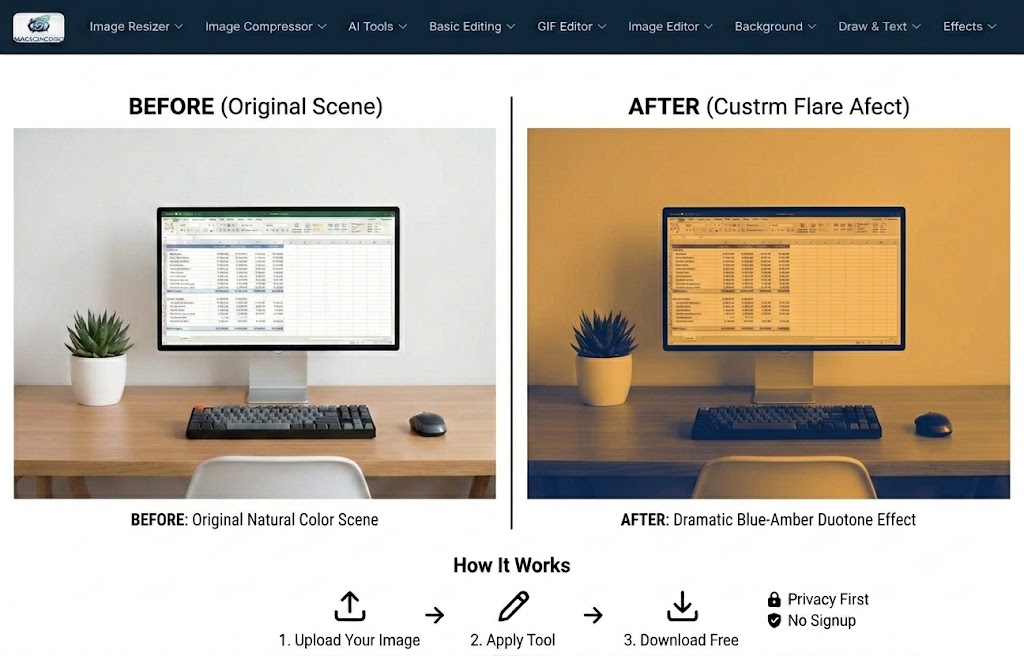 Color Tint before and after — natural home office photo transformed with a warm amber duotone giving a dramatic cinematic look