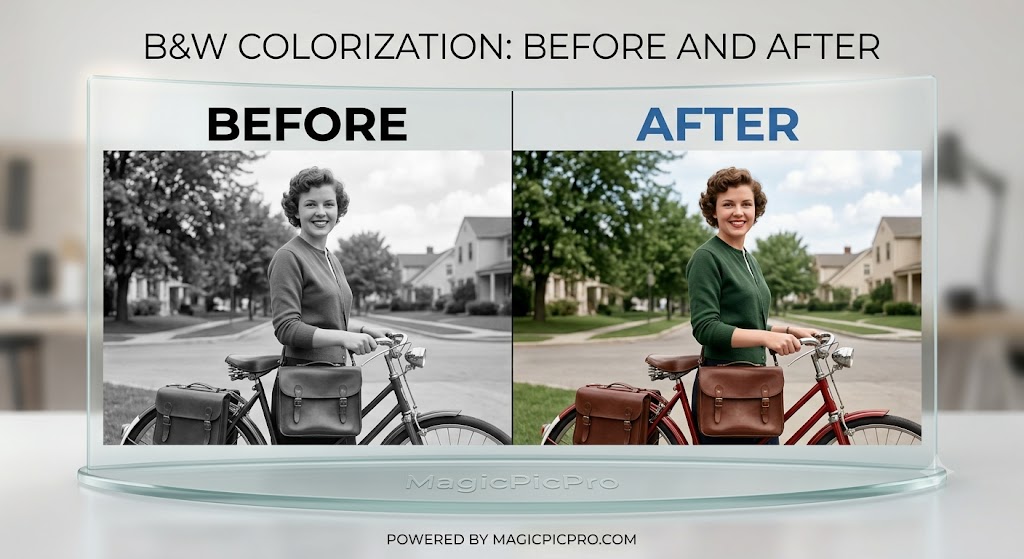Colorize B&W before and after — vintage black-and-white woman with bicycle restored to full color with green sweater, red bike, and blue sky