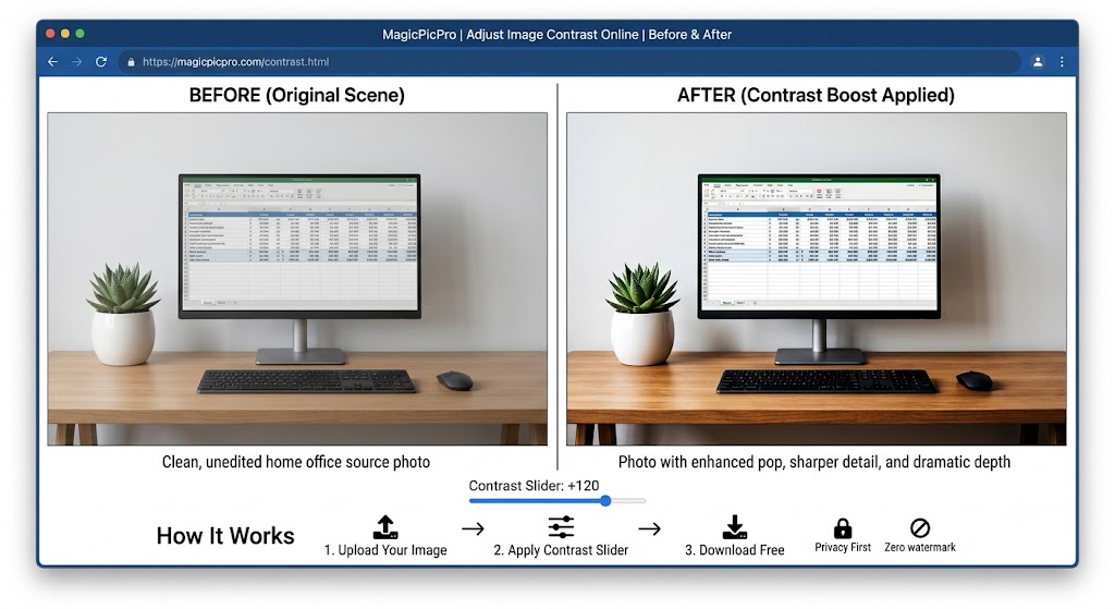 Contrast adjustment before and after — flat home office photo boosted with +120 contrast showing dramatically sharper detail, deeper shadows, and vivid highlights