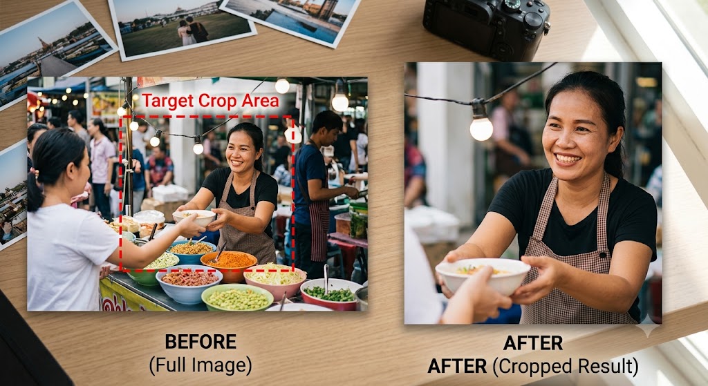 Crop Image before and after — busy street market scene with crop area drawn around the vendor, resulting in a tight portrait crop