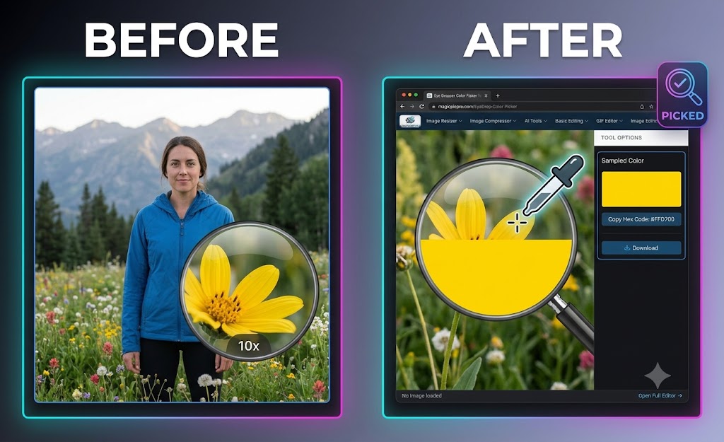 Eye Dropper Color Picker before and after — magnified flower petal sampled to reveal hex color #FFD700