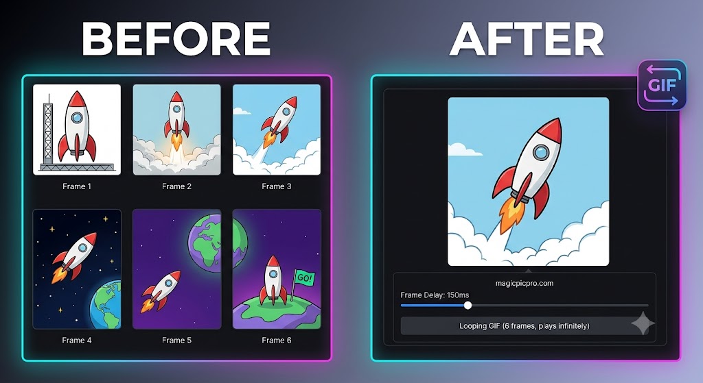 GIF Maker before and after — six rocket frames combined into a looping animated GIF