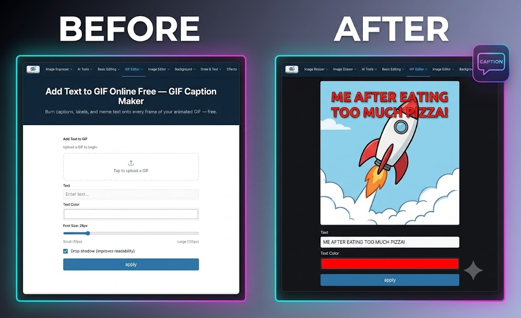 GIF Text Editor before and after — blank GIF upload panel on the left, animated GIF with bold caption burned in on the right