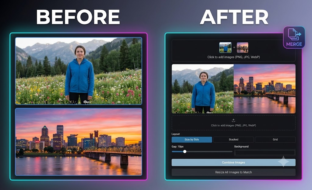Image Combiner before and after — two separate photos merged side by side into one combined image