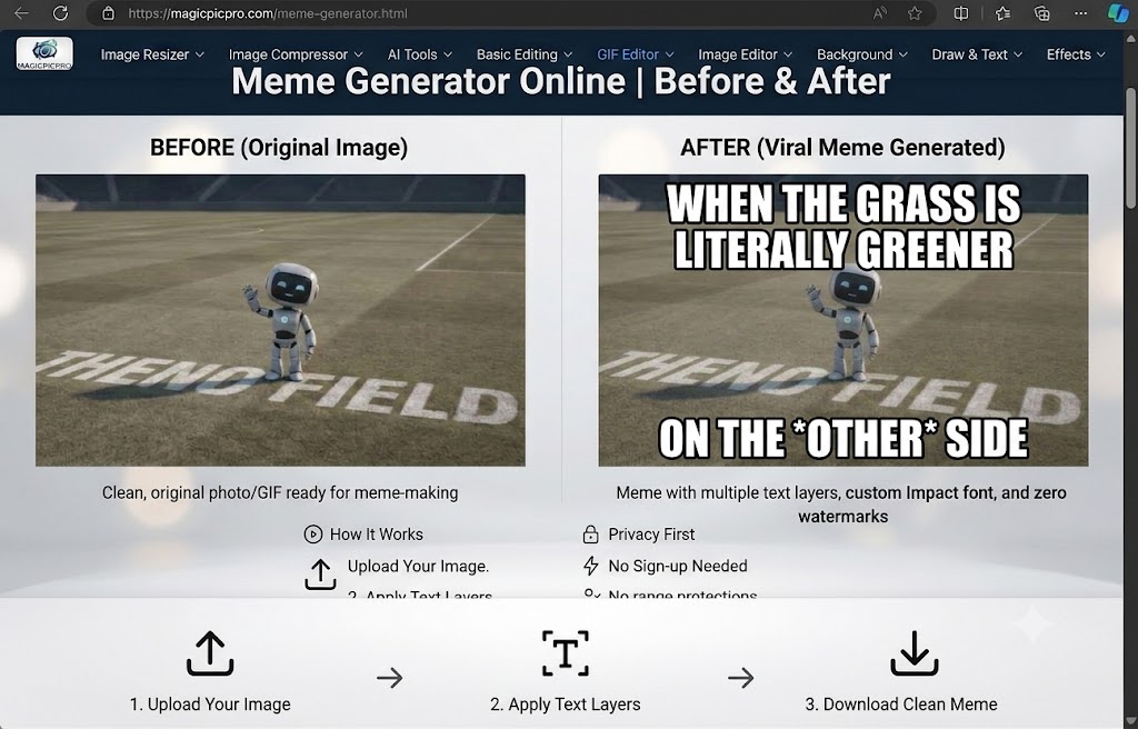 Meme Generator before and after — robot on football field with Impact font top and bottom text reading 'When the grass is literally greener on the *other* side'