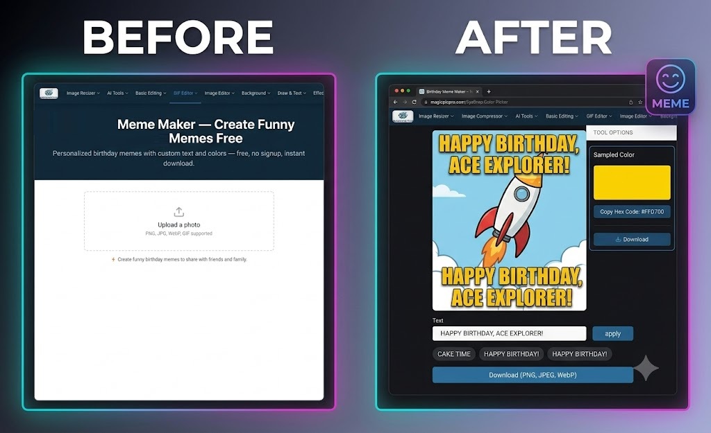 GIF Meme Maker before and after — blank upload screen transformed into a bold captioned meme with Impact font