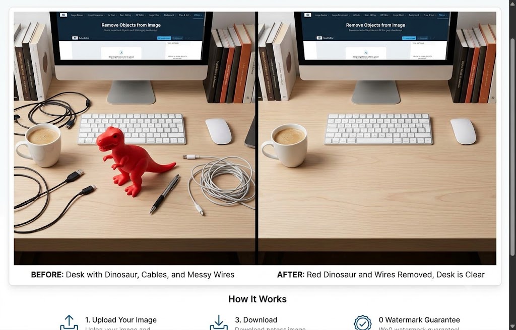 Object Removal before and after — cluttered desk with red dinosaur toy, cables, and wires cleaned up to a tidy workspace with objects seamlessly removed