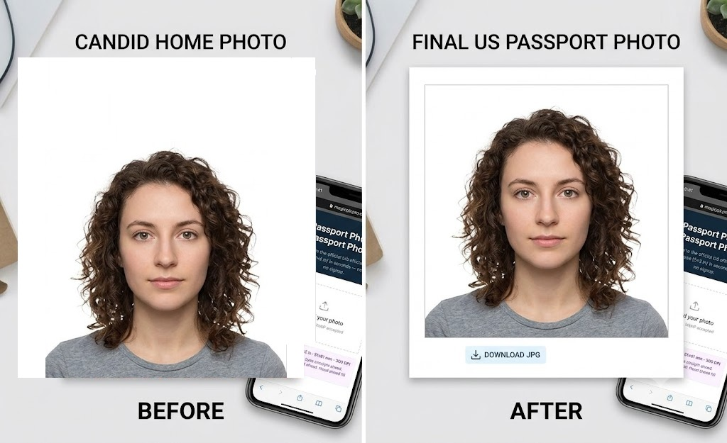 Passport photo resize before and after — casual home portrait resized to compliant 2×2 in passport format with white background