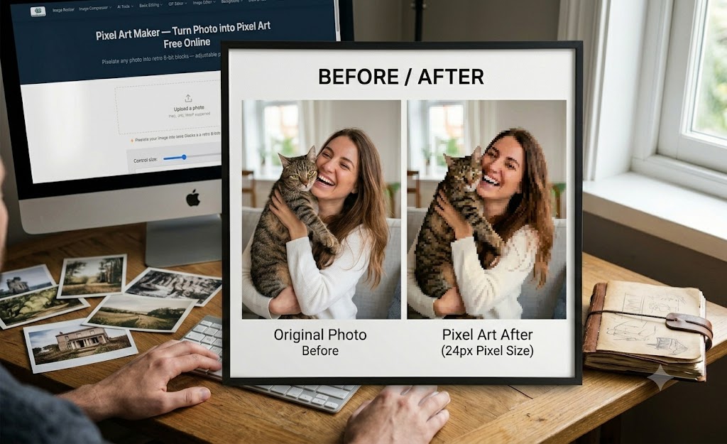 Pixel Art Maker before and after — color portrait of woman with cat converted into a blocky 24px retro pixel art image