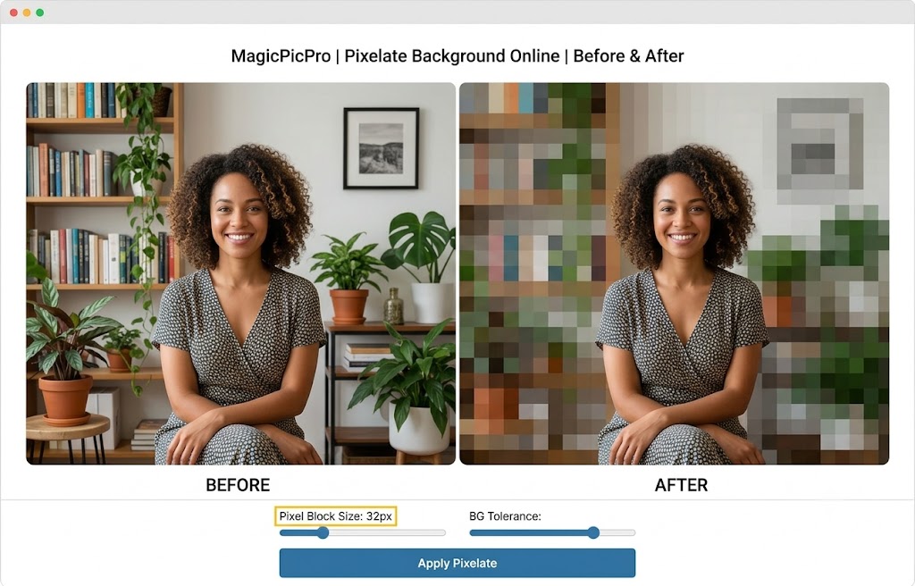Pixelate Background before and after — woman in front of bookshelf with background pixelated into 32px blocks while subject stays sharp