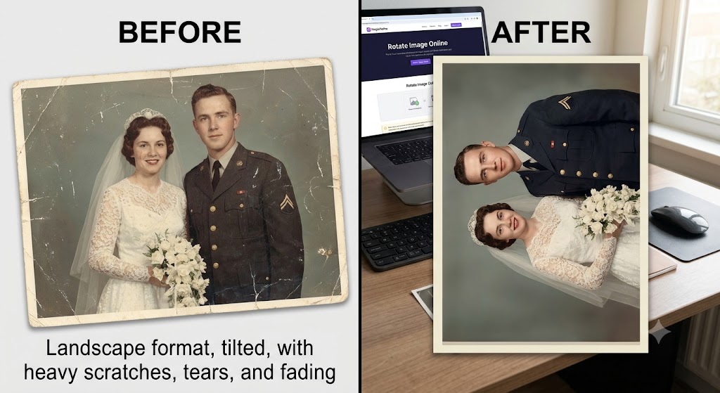 Rotate Image before and after — tilted vintage wedding portrait straightened and reoriented to correct upright position