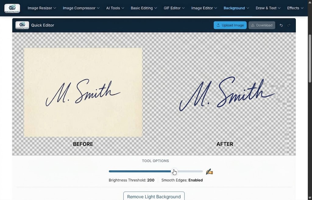 Transparent Signature before and after — M. Smith cursive signature on cream paper with background fully removed leaving only the ink on transparent PNG